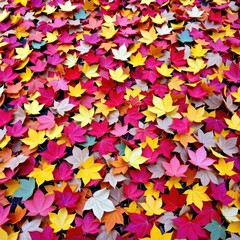 Vibrant fallen autumn leaves carpet the ground in a rich tapestry of reds, oranges, and yellows, earthy, outdoor