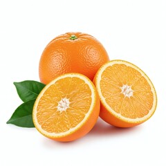 Fresh Whole and Halved Oranges with Green Leaves Isolated on White Background for Healthy Eating