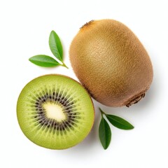 Fototapeta premium Fresh Green Kiwi Fruit Cut in Half with Whole Fruit and Leaves on White Background Top View
