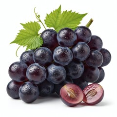 Fresh Juicy Black Seedless Grapes with Water Droplets and Green Leaves on White Background