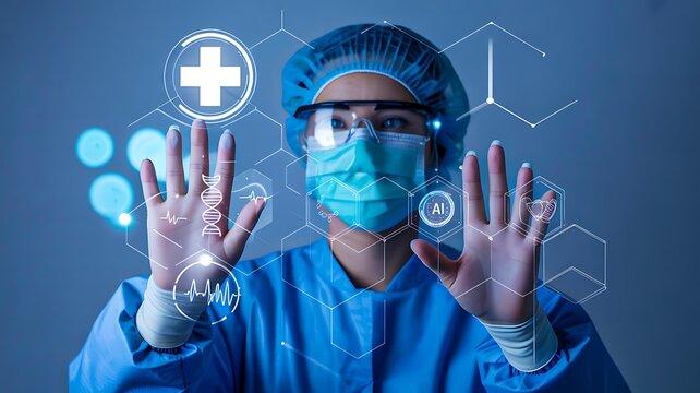 Futuristic Doctor Using Virtual Interface with Medical Icons and Digital Technology in Modern Healthcare
 - Powered by Adobe