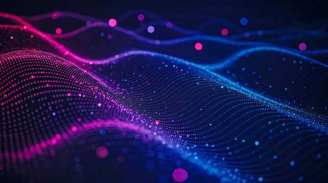 Abstract digital wave background with glowing blue and pink particles, futuristic data visualization, AI technology concept
