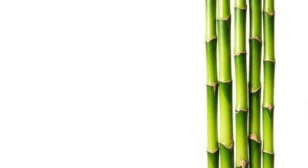 Obraz premium A group of fresh green bamboo stalks isolated vertically on a bright white studio background, showcasing nature and renewable growth ,nature ,decoration ,green