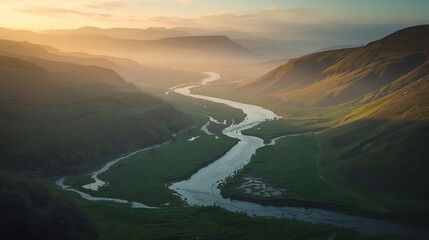 Sunlit River Meandering Through Green Hills – Serene Mountain Valley Scene
