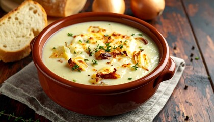 Creamy onion soup in a rustic bowl with bread