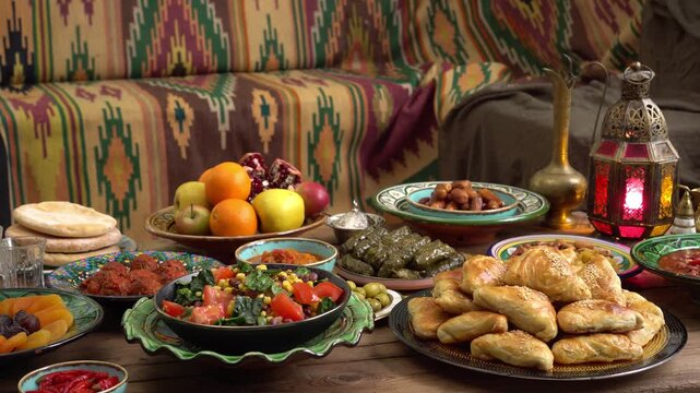 A festive table filled with traditional Middle Eastern dishes like biryani, kebabs, dates, and baklava, perfect for Ramadan or Eid content, highlighting cultural richness and culinary traditions.