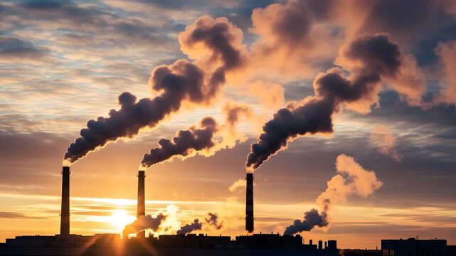 Industrial smoke stacks against sunset sky silhouette environmental pollution concept