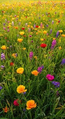 Fototapeta premium A vibrant tapestry of colorful wildflowers blooming profusely across a sunny, green meadow under a bright, clear spring sky ,bloom ,background ,green