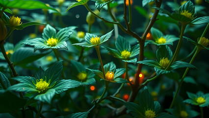 Lush botanical composition featuring delicate yellow-petaled flowers nestled among rich green leaves, subtly enhanced by soft, luminous specks, highlighting the intricate beauty of nature