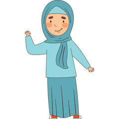 Young Muslim Girl Wearing a Blue Hijab and Modest Clothing Waving Happily in a Friendly Gesture