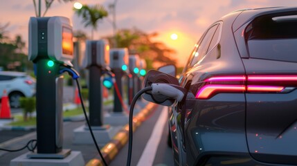 Electric vehicle charging at sunset