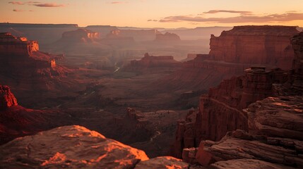 Sunset Over Desert Canyon with Dramatic Shadows – Majestic Rock Formations in Golden Hour