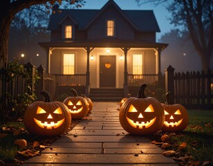 Halloween house with jack-o'-lanterns on a walkway at night