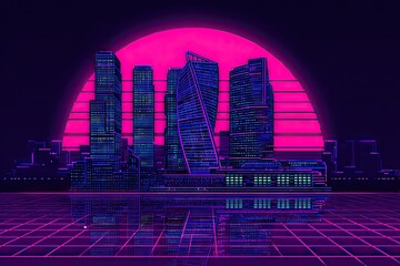 Retro city skyline with pink sun and purple grid reflection