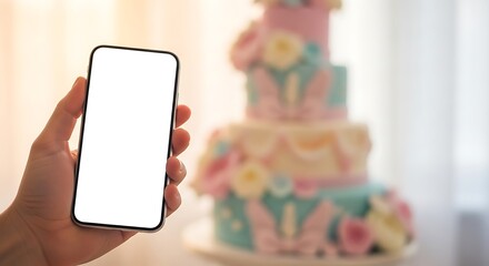A hand holding a smartphone with a blank white screen, with a blurred, tiered cake decorated with flowers in the background.