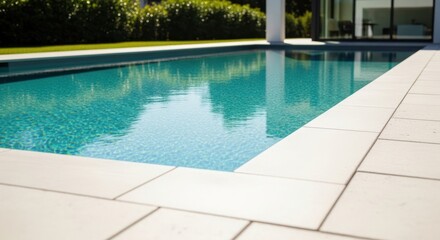 Obraz premium A turquoise pool reflects sky under bright sunlight, bordered by white stone
