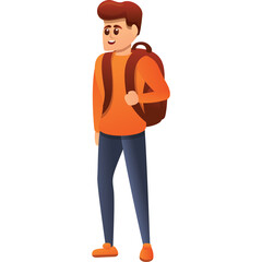 Young Man With Backpack And Orange Sweater And Blue Jeans Standing On Transparent Background