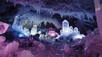Vibrant display of colorful, illuminated crystals in a fantastical underground cavern with hanging stalactites
