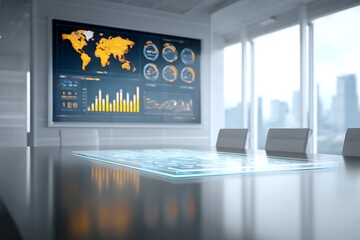 Modern conference table setup with a tablet and a large screen displaying business growth graphs