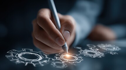 Hand Crafting Digital Gear Innovation Mechanism Design Interface with Stylus Visualization of Technology Development Strategy on Screen for Modern Business Solutions and Future Success