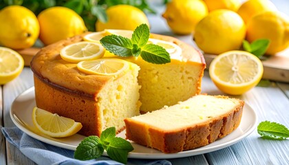 Lemon cake slices on a plate, surrounded by lemons
