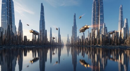 Naklejka premium Futuristic cityscape, shiny metallic towers reflecting in a calm body of water; flying vehicles