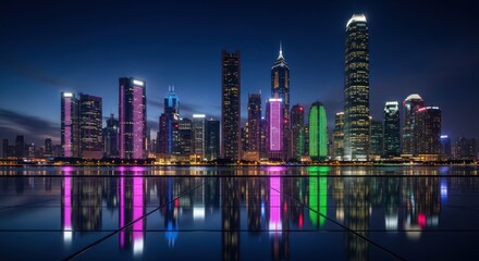 Naklejka premium Night cityscape with diverse skyscrapers, vibrant lights reflected on water surface
