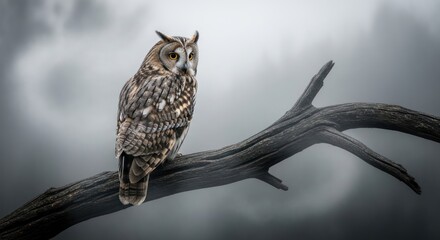 Obraz premium An owl with long ear tufts perches on a bare, weathered branch against a misty backdrop