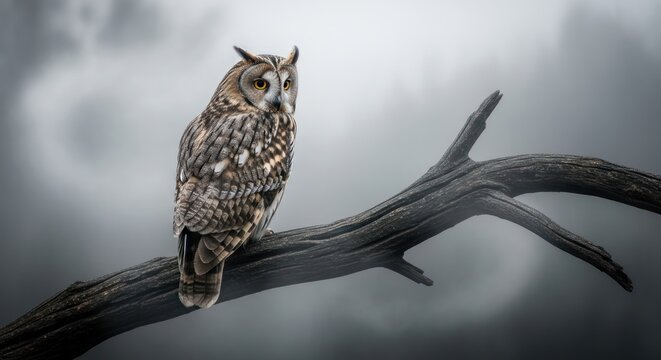 An owl with long ear tufts perches on a bare, weathered branch against a misty backdrop