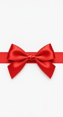 Fototapeta premium Perfect red satin ribbon bow laid flat and centered horizontally, suitable for holiday gift wrapping or decoration ,shiny ,holiday ,decoration