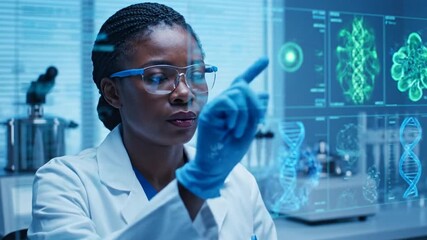 Scientist Analyzing DNA Data in Futuristic Laboratory - Powered by Adobe