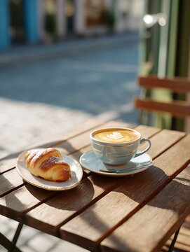Fresh Breakfast, Flaky Croissant and a cup of coffee Juice on a Wooden Table