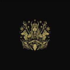 Fototapeta premium Intricate gold illustration of a Nordic goddess or queen wearing a horned helmet, surrounded by twin wolves, deer antlers, and natural elements like branches and snowflakes