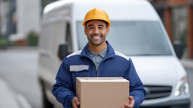 A friendly delivery man in uniform handing a package to a customer at a residential doorway