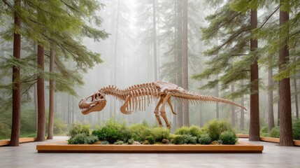 Ancient Tyrannosaurus Rex Skeleton Exhibit Displayed in a Lush Forest Museum Setting with Soft Natural Light and Foggy Atmosphere