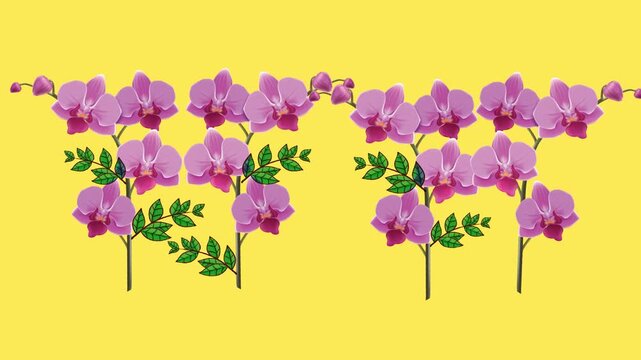 draw set of various pink flower decorate with green leaf on land in soil in straight line shape on yellow screen background
