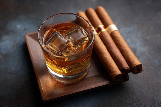 Glass of aged whiskey and a premium cuban cigar