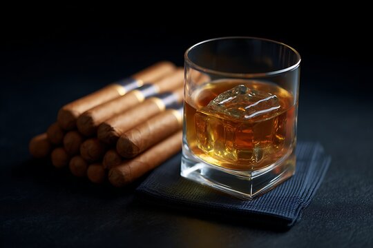 Glass of aged whiskey and a premium cuban cigar