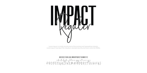 Impact Reguler Abstract Fashion font alphabet. Minimal modern urban fonts for logo, brand etc. Typography typeface uppercase lowercase and number. vector illustration