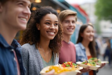 Obraz premium Casual Get-Together, Group of Friends Eating and Laughing Outside
