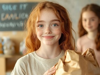 Happy girl holding a wrapped gift with joy.