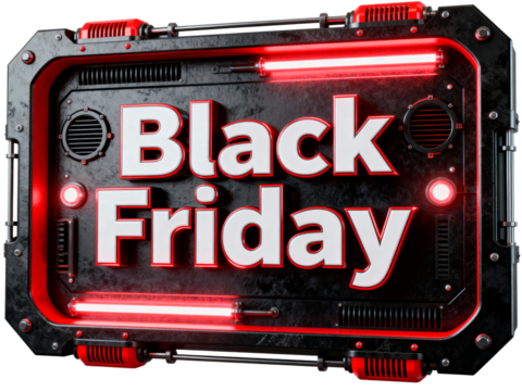 Bold 3D Black Friday text inside a black and red metallic industrial sign with glowing neon lights and speakers