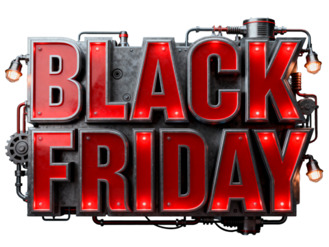 Industrial 3D Black Friday sign with glowing red letters, metallic structure, rivets, and vintage bulbs