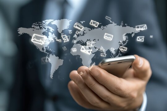 Global Business Communication Network Man Using Smartphone with World Map and Message Icons Digital Connectivity Solutions in Modern Technology Email Marketing and International Outreach - Powered by Adobe