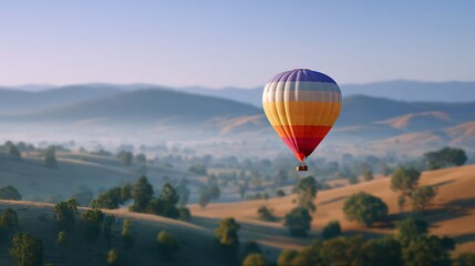 Naklejka premium Colorful Hot Air Balloon Flying Serene over a Scenic Hilly Landscape