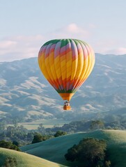 Fototapeta premium Colorful Hot Air Balloon Flying Serene over a Scenic Hilly Landscape
