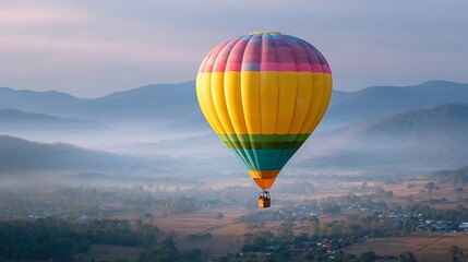 Fototapeta premium Colorful Hot Air Balloon Flying Serene over a Scenic Hilly Landscape