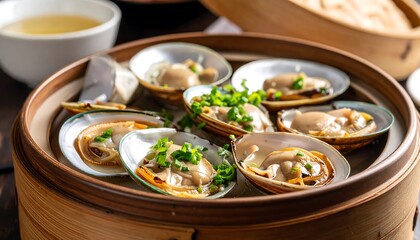 Steamed clams in bamboo steamer