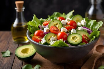 “Fresh Avocado Garden Salad with Cherry Tomatoes, Cucumber, and Feta in Rustic Bowl”