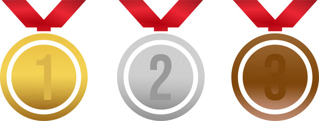 Set of Gold, Silver, and Bronze Award Medals with Red Ribbons